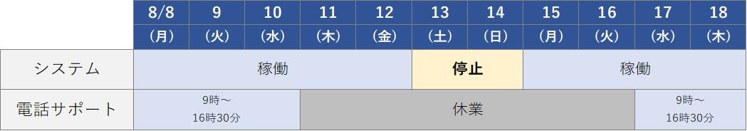 休業スケジュール（2021年8月）